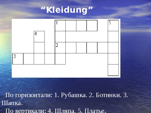 “ Kleidung” По горизонтали: 1. Рубашка. 2. Ботинки. 3. Шапка. По вертикали: 4. Шляпа. 5. Платье.