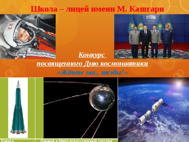 Школа – лицей имени М. Кашгари Конкурс посвященного Дню космонавтики «Ждите нас, звезды!»  Ракета – носитель Р-7  Первый в Мире искусственный спутник Земли