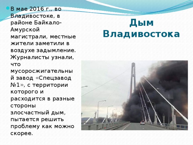 В мае 2016 г., во Владивостоке, в районе Байкало-Амурской магистрали, местные жители заметили в воздухе задымление. Журналисты узнали, что мусоросжигательный завод «Спецзавод №1», с территории которого и расходится в разные стороны злосчастный дым, пытается решить проблему как можно скорее. Дым Владивостока 