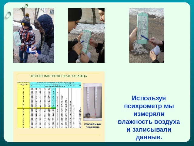 Используя психрометр мы измеряли влажность воздуха и записывали данные. 