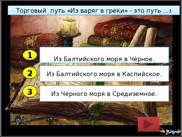 Торговый путь «Из варяг в греки» - это путь ... :  Из Балтийского моря в Чёрное. 1 Из Балтийского моря в Каспийское. 2 3 Из Чёрного моря в Средиземное. 