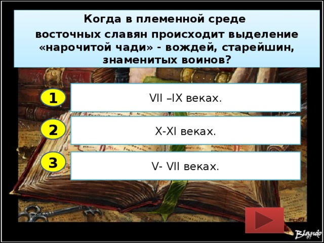 Когда в племенной среде восточных славян происходит выделение «нарочитой чади» - вождей, старейшин, знаменитых воинов? VII –IX веках. 1 X-XI веках. 2 3 V- VII веках. 