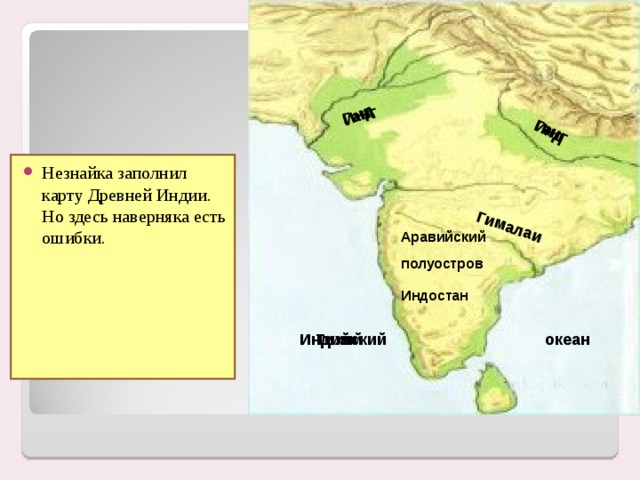 Гималаи Ганг Инд Инд Ганг Незнайка заполнил карту Древней Индии. Но здесь наверняка есть ошибки.  Аравийский полуостров Индостан Тихий океан Индийский 