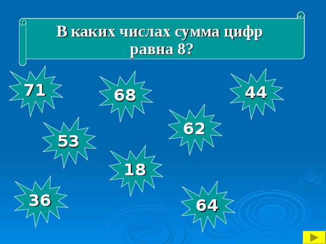 Назови числа в порядке возрастания Какое число является предыдущим для числа 231? В каких числах сумма цифр равна 8? В каком числе количество десятков отсутствует? Какое число меньше 960 на 6 единиц? В каком числе количество сотен и десятков одинаково? Какое число является последующим для числа 679? Какое число лишнее? 71 44 68 62 53 18 36 64 