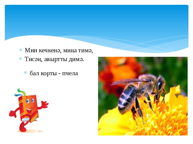 Мин кечкенә, миңа тимә, Тисәң, авыртты димә.     бал корты - пчела   