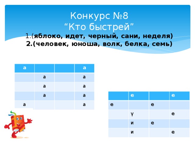 Конкурс №8  “Кто быстрей”  1.( яблоко, идет, черный, сани, неделя)  2.(человек, юноша, волк, белка, семь)    а а а а а а а а а а е е е е ү и и е е е 