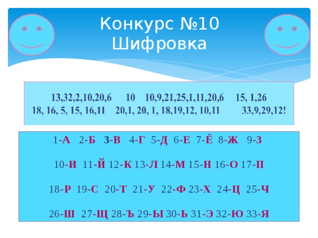 Конкурс №10  Шифровка 1 - А  2 - Б  3 - В  4 - Г  5 - Д 6 - Е  7 - Ё  8 - Ж  9 - З 10 - И  11 - Й 12 - К  13 - Л  14 - М  15 - Н  16 - О 17 - П  18 - Р  19 - С  20 - Т  21 - У  22 - Ф 23 - Х  24 - Ц 25 - Ч  26 - Ш  27 - Щ  28 - Ъ  29 - Ы  30 - Ь  31 - Э  32 - Ю  33 - Я 