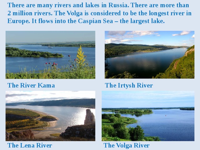 There are many rivers and lakes in Russia. There are more than 2 million rivers. The Volga is considered to be the longest river in Europe. It flows into the Caspian Sea – the largest lake. The River Kama The Irtysh River The Lena River The Volga River 