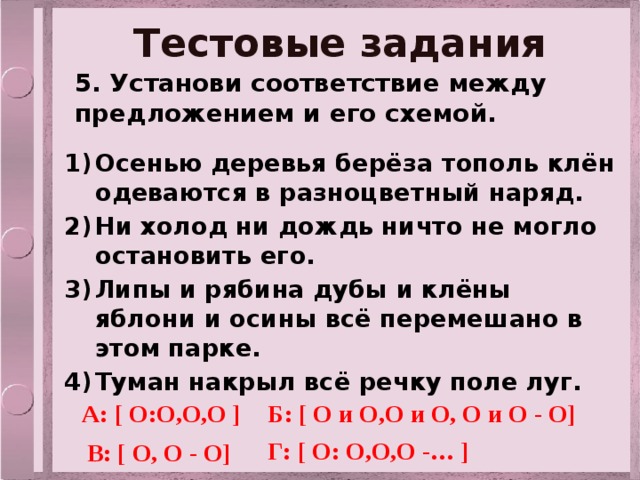 Тестовые задания 5. Установи соответствие между предложением и его схемой. Осенью деревья берёза тополь клён одеваются в разноцветный наряд. Ни холод ни дождь ничто не могло остановить его. Липы и рябина дубы и клёны яблони и осины всё перемешано в этом парке. Туман накрыл всё речку поле луг. А: [ О:О,О,О ] Б: [ О и О,О и О, О и О - О] Г: [ О: О,О,О -… ] В: [ О, О - О] 