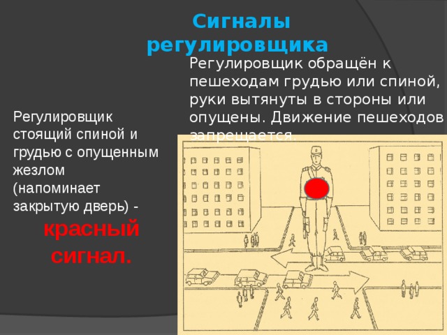 Сигналы регулировщика Регулировщик обращён к пешеходам грудью или спиной, руки вытянуты в стороны или опущены. Движение пешеходов запрещается. Регулировщик  стоящий спиной и грудью с опущенным жезлом (напоминает закрытую дверь) - красный сигнал. 