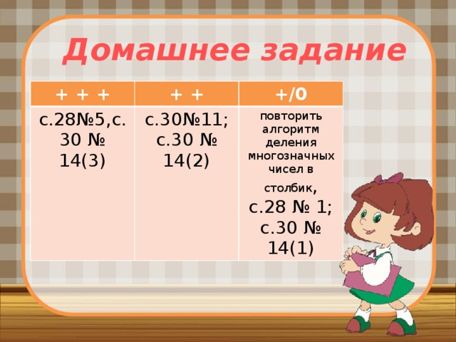 Домашнее задание + + + + + с.28№5,с.30 № 14(3) +/0 с.30№11; с.30 № 14(2) повторить алгоритм деления многозначных чисел в столбик , с.28 № 1; с.30 № 14(1) 