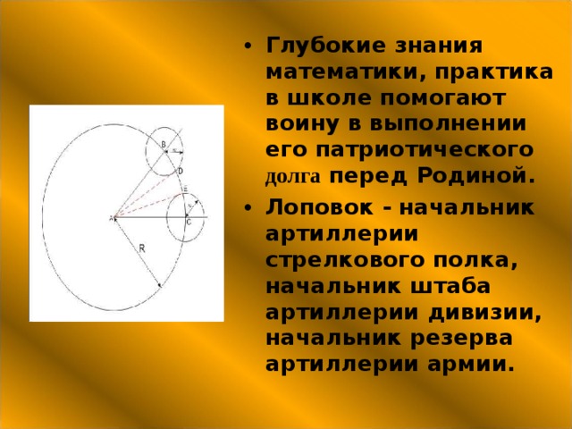 Глубокие знания математики, практика в школе помогают воину в выполнении его патриотического долга перед Родиной. Лоповок - начальник артиллерии стрелкового полка, начальник штаба артиллерии дивизии, начальник резерва артиллерии армии. 
