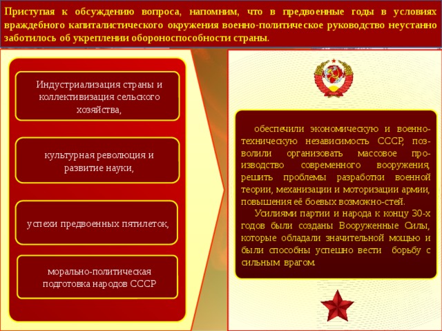 Приступая к обсуждению вопроса, напомним, что в предвоенные годы в условиях враждебного капиталистического окружения военно-политическое руководство неустанно заботилось об укреплении обороноспособности страны. Индустриализация страны и коллективизация сельского хозяйства, обеспечили экономическую и военно-техническую независимость СССР, поз-волили организовать массовое про-изводство современного вооружения, решить проблемы разработки военной теории, механизации и моторизации армии, повышения её боевых возможно-стей. Усилиями партии и народа к концу 30-х годов были созданы Вооруженные Силы, которые обладали значительной мощью и были способны успешно вести борьбу с сильным врагом. культурная революция и развитие науки, успехи предвоенных пятилеток, морально-политическая подготовка народов СССР 