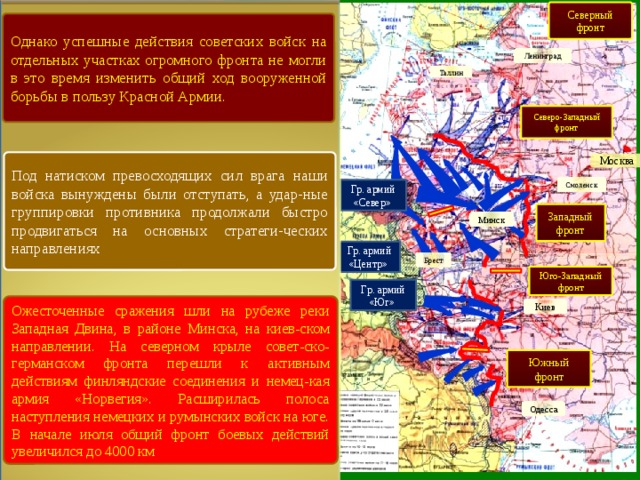 Северный фронт Однако успешные действия советских войск на отдельных участках огромного фронта не могли в это время изменить общий ход вооруженной борьбы в пользу Красной Армии. Ленинград Таллин Северо-Западный фронт Под натиском превосходящих сил врага наши войска вынуждены были отступать, а удар-ные группировки противника продолжали быстро продвигаться на основных стратеги-ческих направлениях Москва Смоленск Гр. армий «Север» Западный фронт Минск Гр. армий «Центр» Брест Юго-Западный фронт Гр. армий «Юг» Ожесточенные сражения шли на рубеже реки Западная Двина, в районе Минска, на киев-ском направлении. На северном крыле совет-ско-германском фронта перешли к активным действиям финляндские соединения и немец-кая армия «Норвегия». Расширилась полоса наступления немецких и румынских войск на юге. В начале июля общий фронт боевых действий увеличился до 4000 км Киев Южный фронт Одесса 