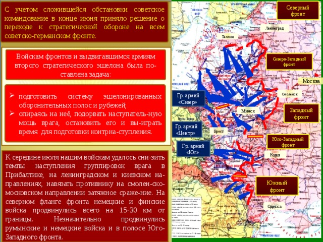 Северный фронт С учетом сложившейся обстановки советское командование в конце июня приняло решение о переходе к стратегической обороне на всем советско-германском фронте. Ленинград Таллин Войскам фронтов и выдвигавшимся армиям второго стратегического эшелона была по-ставлена задача: Северо-Западный фронт Москва подготовить систему эшелонированных оборонительных полос и рубежей; опираясь на неё, подорвать наступатель-ную мощь врага, остановить его и вы-играть время для подготовки контрна-ступления. Смоленск Гр. армий «Север» Западный фронт Минск Гр. армий «Центр» Брест Юго-Западный фронт Гр. армий «Юг» К середине июля нашим войскам удалось сни-зить темпы наступления группировок врага в Прибалтике, на ленинградском и киевском на-правлениях, навязать противнику на смолен-ско-московском направлении затяжное сраже-ние. На северном фланге фронта немецкие и финские войска продвинулись всего на 15-30 км от границы. Незначительно продвинулись румынские и немецкие войска и в полосе Юго-Западного фронта. Киев Южный фронт Одесса 