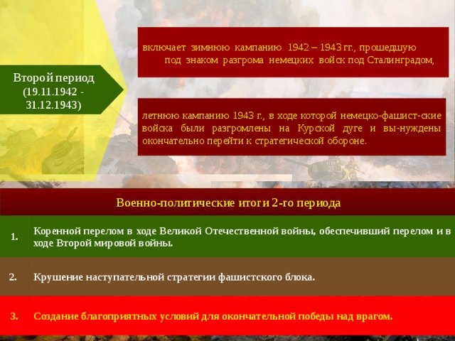 включает зимнюю кампанию 1942 – 1943 гг., прошедшую под знаком разгрома немецких войск под Сталинградом, Второй период (19.11.1942 - 31.12.1943) летнюю кампанию 1943 г., в ходе которой немецко-фашист-ские войска были разгромлены на Курской дуге и вы-нуждены окончательно перейти к стратегической обороне. Военно-политические итоги 2-го периода 1. 2. Коренной перелом в ходе Великой Отечественной войны, обеспечивший перелом и в ходе Второй мировой войны. Крушение наступательной стратегии фашистского блока. 3. Создание благоприятных условий для окончательной победы над врагом. 