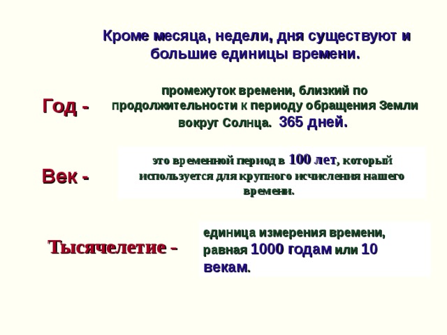 Кроме месяца, недели, дня существуют и большие единицы времени.  промежуток времени, близкий по продолжительности к периоду обращения Земли вокруг Солнца.    365 дней.  Год -  это временной период в 100 лет , который используется для крупного исчисления нашего времени.   Век -  единица измерения времени, равная  1000 годам или 10 векам . Тысячелетие -