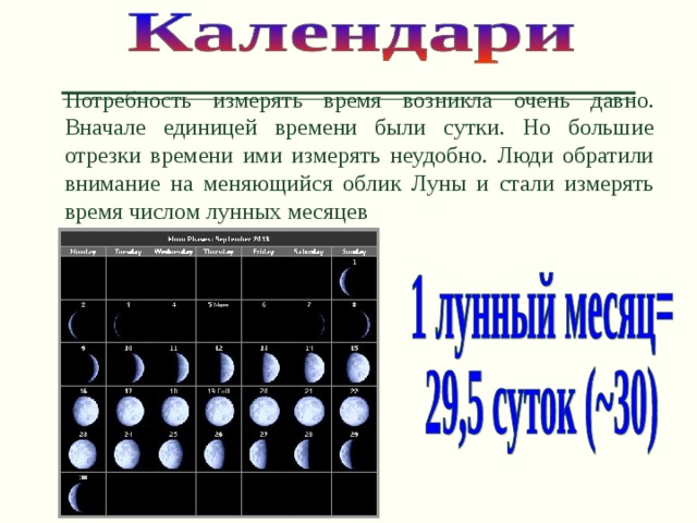 Потребность измерять время возникла очень давно. Вначале единицей времени были сутки. Но большие отрезки времени ими измерять неудобно. Люди обратили внимание на меняющийся облик Луны и стали измерять время числом лунных месяцев