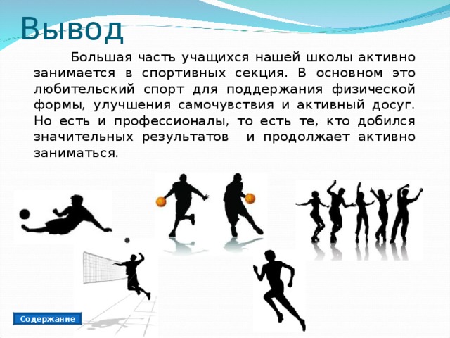 Вывод  Большая часть учащихся нашей школы активно занимается в спортивных секция. В основном это любительский спорт для поддержания физической формы, улучшения самочувствия и активный досуг. Но есть и профессионалы, то есть те, кто добился значительных результатов и продолжает активно заниматься. Содержание 