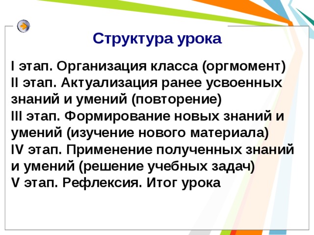 Структура урока I этап. Организация класса (оргмомент) II этап. Актуализация ранее усвоенных знаний и умений (повторение) III этап. Формирование новых знаний и умений (изучение нового материала) IV этап. Применение полученных знаний и умений (решение учебных задач) V этап. Рефлексия. Итог урока 