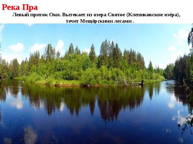 Река Пра Левый приток Оки. Вытекает из озера Святое (Клепиковские озёра), течет Мещёрскими лесами .   