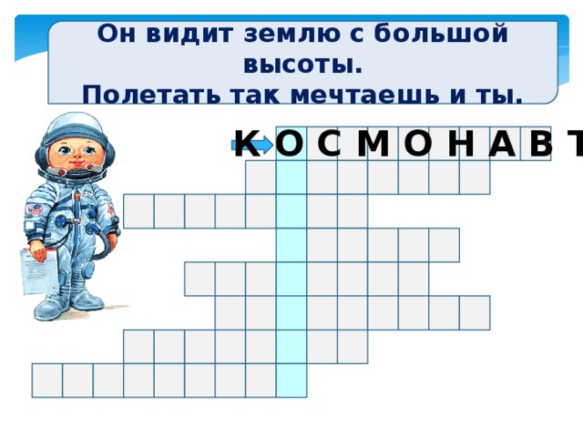 Он видит землю с большой высоты. Полетать так мечтаешь и ты. К О С М О Н А В Т Чтобы увидеть ответ жмем на стрелку, для перехода на следующий слайд – жмем на картинку  