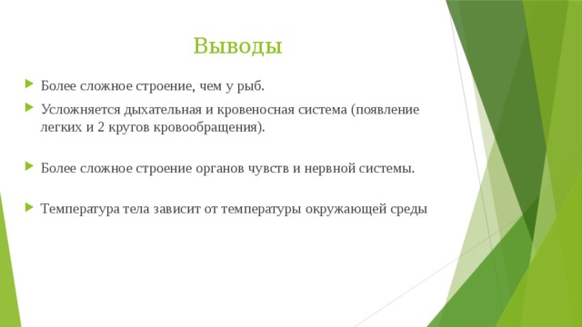 Выводы Более сложное строение, чем у рыб. Усложняется дыхательная и кровеносная система (появление легких и 2 кругов кровообращения). Более сложное строение органов чувств и нервной системы. Температура тела зависит от температуры окружающей среды 