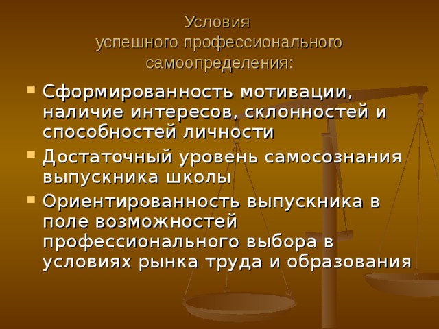 Условия  успешного профессионального самоопределения: Сформированность мотивации, наличие интересов, склонностей и способностей личности Достаточный уровень самосознания выпускника школы Ориентированность выпускника в поле возможностей профессионального выбора в условиях рынка труда и образования 