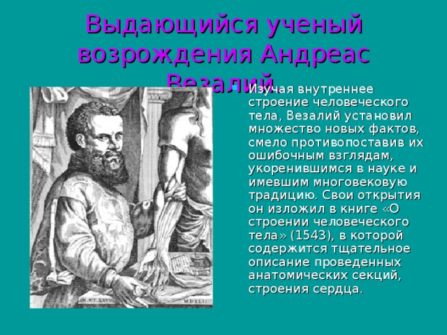 Выдающийся ученый возрождения Андреас Везалий. Изучая внутреннее строение человеческого тела, Везалий установил множество новых фактов, смело противопоставив их ошибочным взглядам, укоренившимся в науке и имевшим многовековую традицию. Свои открытия он изложил в книге «О строении человеческого тела» (1543), в которой содержится тщательное описание проведенных анатомических секций, строения сердца. 