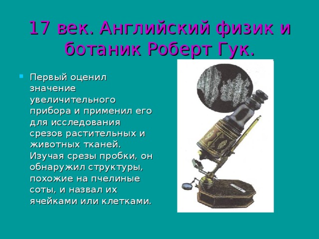 17 век. Английский физик и ботаник Роберт Гук. Первый оценил значение увеличительного прибора и применил его для исследования срезов растительных и животных тканей. Изучая срезы пробки, он обнаружил структуры, похожие на пчелиные соты, и назвал их ячейками или клетками. 