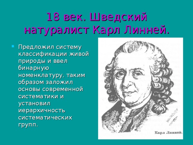 18 век. Шведский натуралист Карл Линней. Предложил систему классификации живой природы и ввел бинарную номенклатуру, таким образом заложил основы современной систематики и установил иерархичность систематических групп. 