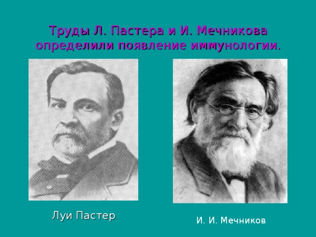 Труды Л. Пастера и И. Мечникова определили появление иммунологии.  Луи Пастер  И. И. Мечников 