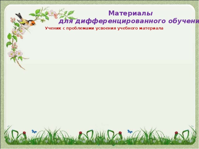 Материал ы для дифференцированного обучения Ученик с проблемами усвоения учебного материала Ученик, для которого язык преподавания не родной Одаренный ученик 