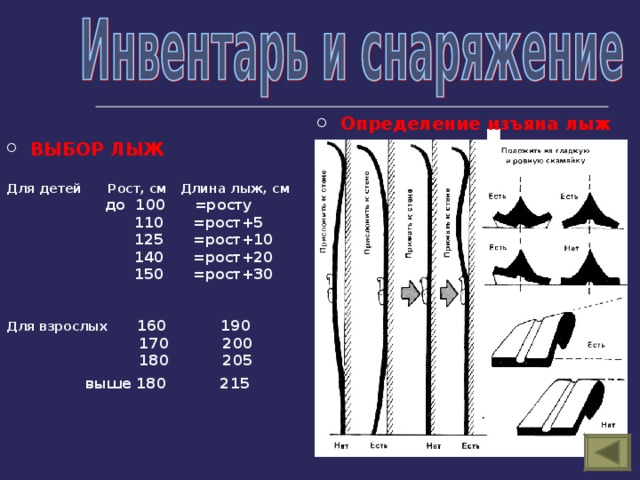 Определение изъяна лыж ВЫБОР ЛЫЖ  Для детей Рост, см Длина лыж, см  до 100 =росту  110 =рост+5  125 =рост+10  140 =рост+20  150 =рост+30   Для взрослых 160 190  170 200  180 205  выше 180 215  