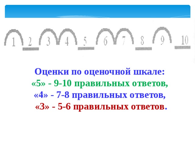 Оценки по оценочной шкале: «5» - 9-10 правильных ответов, «4» - 7-8 правильных ответов, «3» - 5-6 правильных ответов . 