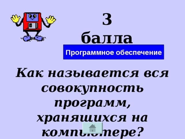 3 балла Программное обеспечение Как называется вся совокупность программ, хранящихся на компьютере? 