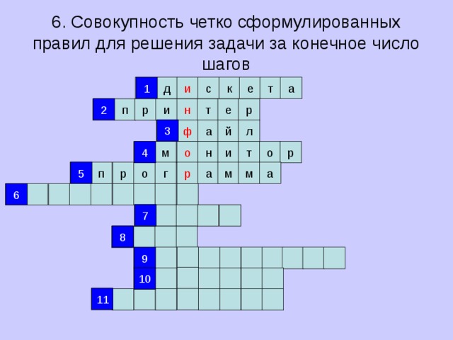 6. Совокупность четко сформулированных правил для решения задачи за конечное число шагов 1 1 и с к е т а д 2 р 2 е т н р п и 3 й ф л а 3 4 о 4 н р м т и о 5 5 а р а м м г р о п 6 6 7 7 8 8 9 9 10 10 11 11 