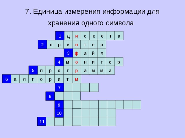 7. Единица измерения информации для хранения одного символа  1 1 и с к е т а д 2 р 2 е т н р п и 3 й ф л а 3 4 о 4 н р м т и о 5 5 а р а м м г р о п 6 т 6 р м а г л о и 7 7 8 8 9 9 10 10 11 11 