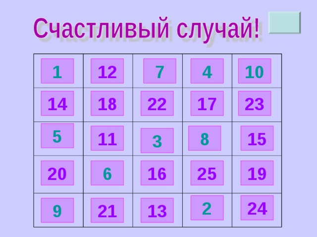 12 10 4 7 1 18 17 23 14 22 5 11 8 15 3 25 16 6 19 20 24 2 21 9 13 