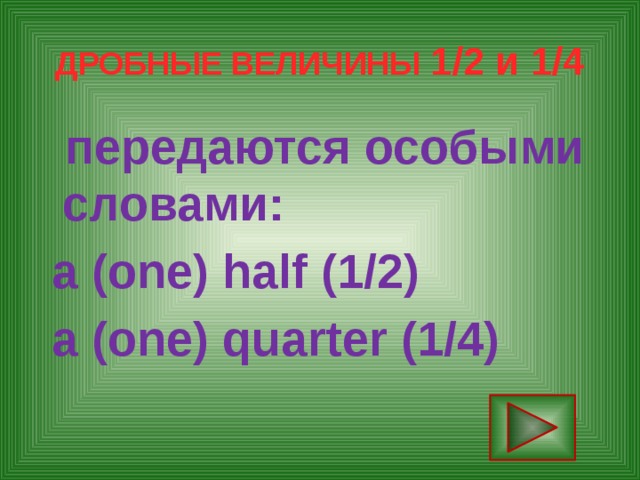 ДРОБНЫЕ ВЕЛИЧИНЫ 1/2 и 1/4  передаются особыми словами:  a (one) half (1/2)  a (one) quarter (1/4)  