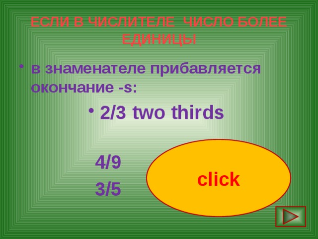 ЕСЛИ В ЧИСЛИТЕЛЕ ЧИСЛО БОЛЕЕ ЕДИНИЦЫ в знаменателе прибавляется окончание -s: 2/3 two thirds   4/9 four ninths  3/5 three fifths click 