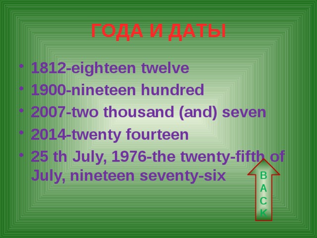 ГОДА И ДАТЫ 1812-eighteen twelve 1900-nineteen hundred 2007-two thousand (and) seven 2014-twenty fourteen 25 th July, 1976-the twenty-fifth of July, nineteen seventy-six BACK 