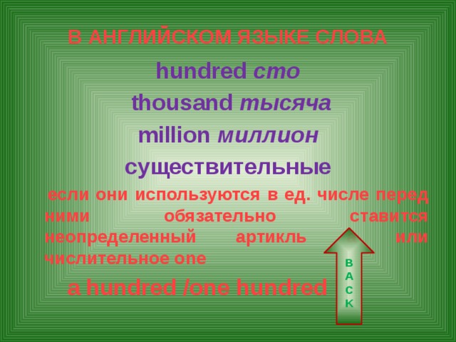 В АНГЛИЙСКОМ ЯЗЫКЕ СЛОВА hundred сто  thousand тысяча  million миллион   существительныe  если они используются в ед. числе перед ними обязательно ставится неопределенный артикль a или числительное one  a hundred /one hundred   BACK 