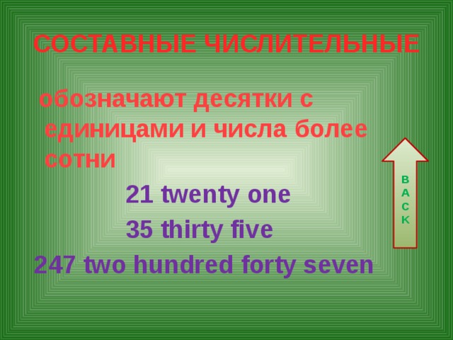 СОСТАВНЫЕ ЧИСЛИТЕЛЬНЫЕ  обозначают десятки с единицами и числа более сотни  21 twenty one  35 thirty five  247 two hundred forty seven BACK 