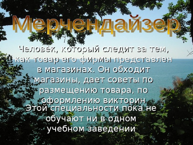 Человек, который следит за тем, как товар его фирмы представлен в магазинах. Он обходит магазины, дает советы по размещению товара, по оформлению викторин Этой специальности пока не обучают ни в одном учебном заведении
