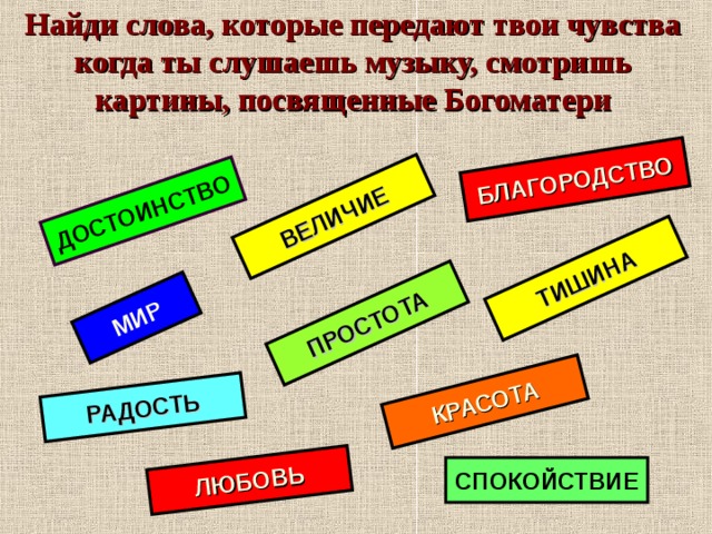 ДОСТОИНСТВО ВЕЛИЧИЕ БЛАГОРОДСТВО МИР ТИШИНА ПРОСТОТА КРАСОТА ЛЮБОВЬ РАДОСТЬ Найди слова, которые передают твои чувства когда ты слушаешь музыку, смотришь картины, посвященные Богоматери СПОКОЙСТВИЕ   