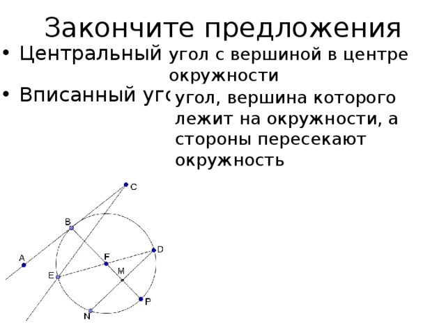 Закончите предложения Центральный угол - … Вписанный угол - … угол с вершиной в центре окружности угол, вершина которого лежит на окружности, а стороны пересекают окружность