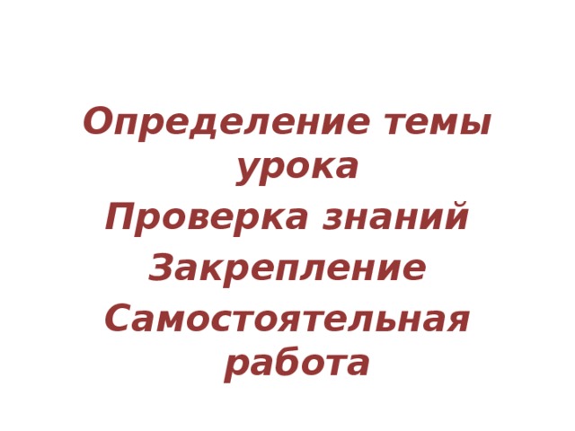  Определение темы урока Проверка знаний Закрепление Самостоятельная работа 