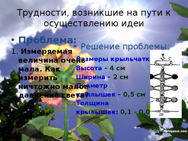 Трудности, возникшие на пути к осуществлению идеи Проблема: 1. Измеряемая величина очень мала. Как измерить ничтожно малое давление света? Решение проблемы:  Размеры крыльчатки:  Высота – 4 см  Ширина – 2 см  Диаметр  крылышек – 0,5 см  Толщина  крылышек: 0,1 – 0,01 мм  
