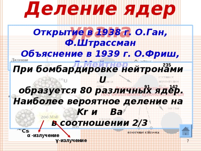 Деление ядер урана Открытие в 1938 г. О.Ган, Ф.Штрассман Объяснение в 1939 г. О.Фриш, Л.Мейтнер 235 При бомбардировке нейтронами U  образуется 80 различных ядер. Наиболее вероятное деление на Kr и   Ba в соотношении 2/3 91 142 Деление происходит под действием кулоновских сил 94 Rb α  -излучение γ -излучение  